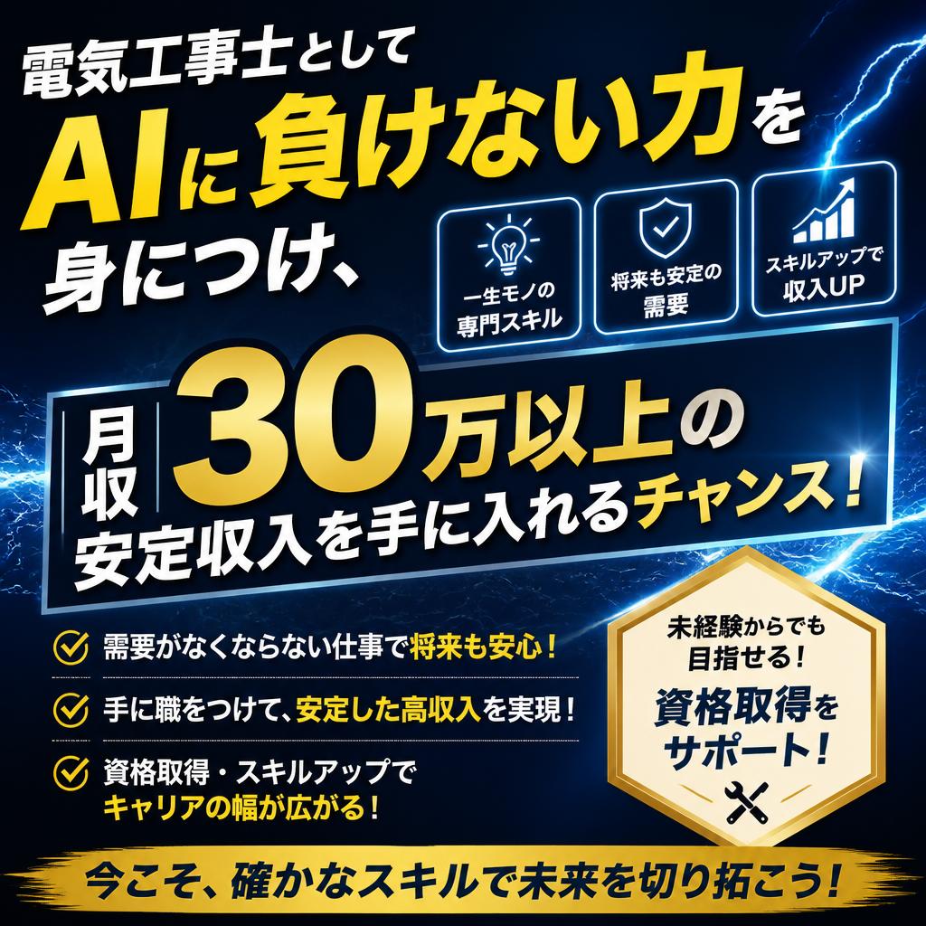 電気工事士としてAIに負けない力を身につけ、月収30万以上の安定収入を手に入れるチャンス！